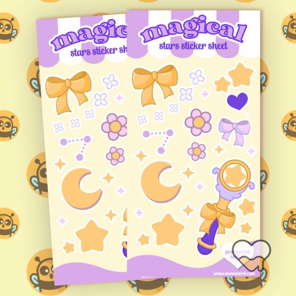 This image shows an adorable hand-drawn sticker sheet, Magical Stars Sticker Sheet, which is available to purchase from HunnieByte.com