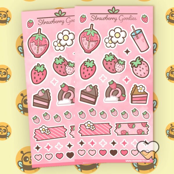 This image shows an adorable hand-drawn sticker sheet, Strawberry Goodies Sticker Sheet, which is available to purchase from HunnieByte.com