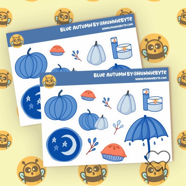 This image shows an adorable hand-drawn mini sticker sheet, Blue Autumn Mini Sticker Sheet, which is available to purchase from HunnieByte.com