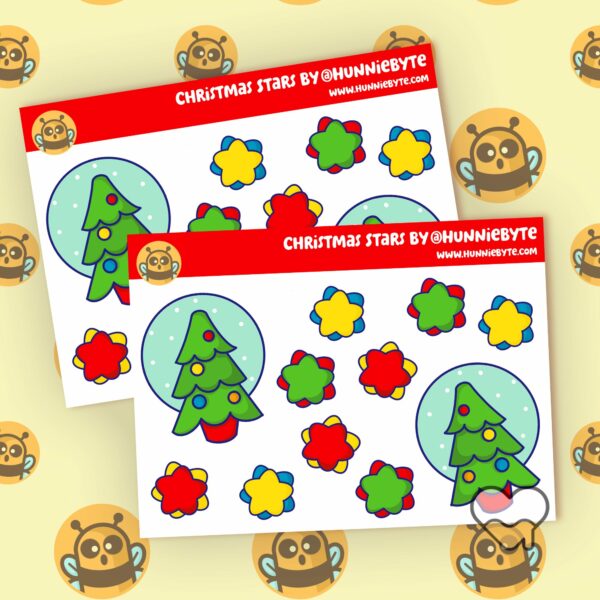 This image shows an adorable hand-drawn mini sticker sheet, Christmas Stars Mini Sticker Sheet, which is available to purchase from HunnieByte.com