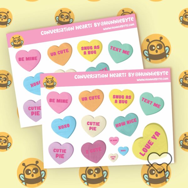 This image shows an adorable hand-drawn mini sticker sheet, Conversation Hearts Mini Sticker Sheet, which is available to purchase from HunnieByte.com