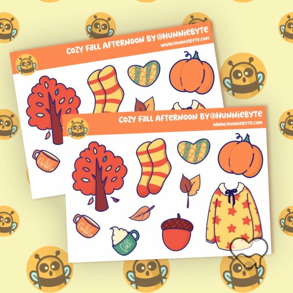 This image shows an adorable hand-drawn mini sticker sheet, Cozy Fall Afternoon Mini Sticker Sheet, which is available to purchase from HunnieByte.com