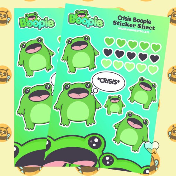 This image shows an adorable hand-drawn sticker sheet, Boopie Crisis Sticker Sheet, which is available to purchase from HunnieByte.com