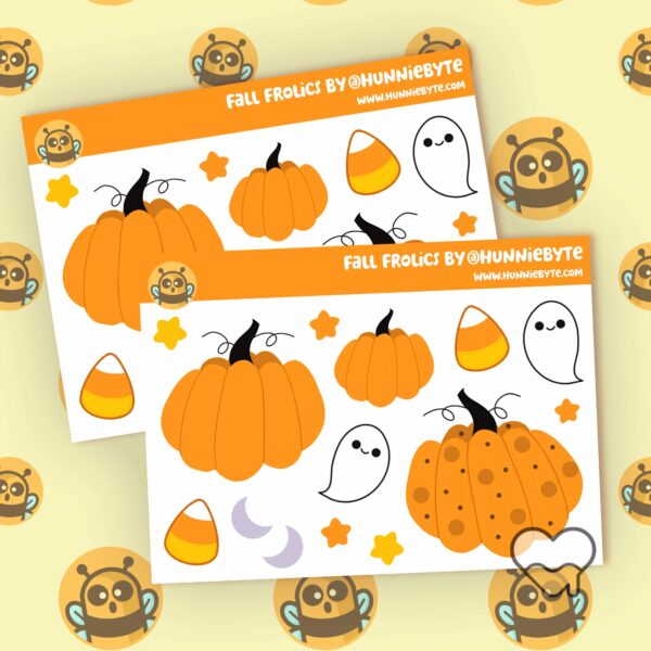 This image shows an adorable hand-drawn mini sticker sheet, Fall Frolics Mini Sticker Sheet, which is available to purchase from HunnieByte.com