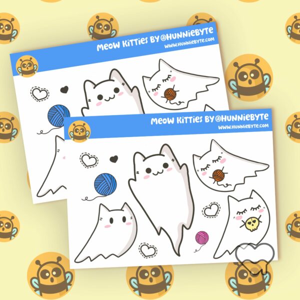 This image shows an adorable hand-drawn mini sticker sheet, Meow Kitties Mini Sticker Sheet, which is available to purchase from HunnieByte.com