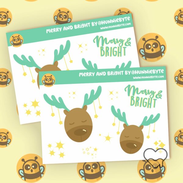 This image shows an adorable hand-drawn mini sticker sheet, Merry and Bright Mini Sticker Sheet, which is available to purchase from HunnieByte.com