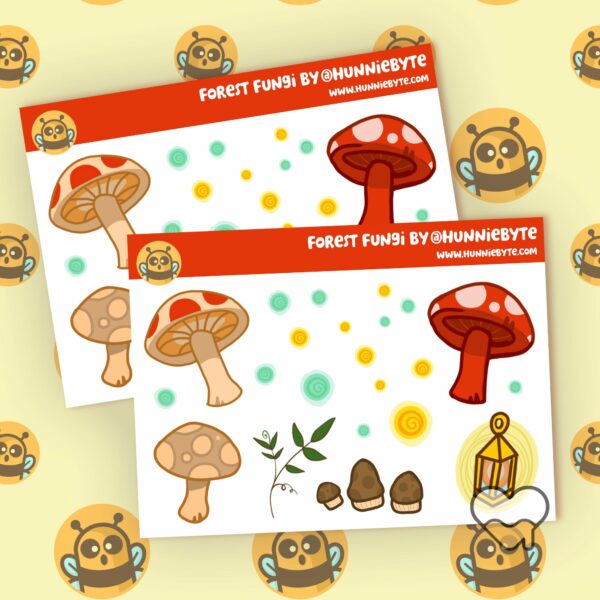 This image shows an adorable hand-drawn mini sticker sheet, Forest Fungi Mini Sticker Sheet, which is available to purchase from HunnieByte.com