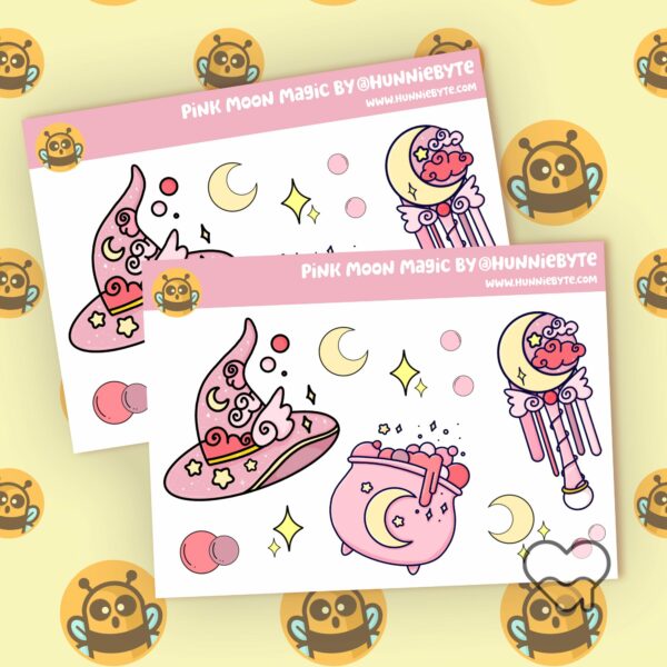 This image shows an adorable hand-drawn mini sticker sheet, Pink Moon Magic Mini Sticker Sheet, which is available to purchase from HunnieByte.com