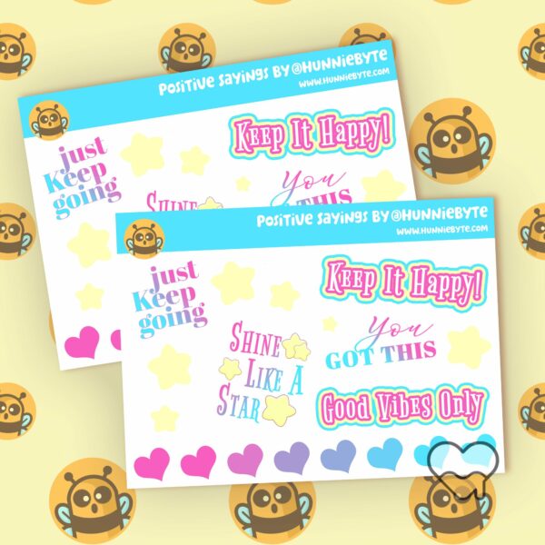 This image shows an adorable hand-drawn mini sticker sheet, Positive Sayings Mini Sticker Sheet, which is available to purchase from HunnieByte.com