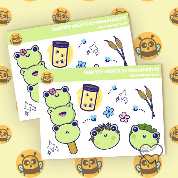 This image shows an adorable hand-drawn mini sticker sheet, Swampy Nights Mini Sticker Sheet, which is available to purchase from HunnieByte.com