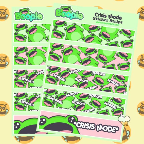 This image shows an adorable hand-drawn sticker sheet, Boopie Crisis Mode Sticker Sheet, which is available to purchase from HunnieByte.com