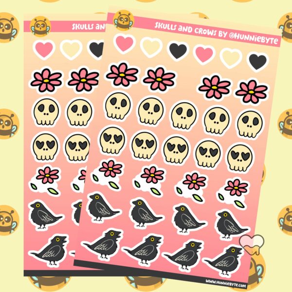 This image shows an adorable hand-drawn sticker sheet, Crow and Skulls Sticker Sheet, which is available to purchase from HunnieByte.com