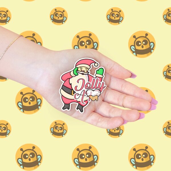 This image shows an adorable hand-drawn sticker, Jolly AF Santa Sticker, which is available to purchase from HunnieByte.com