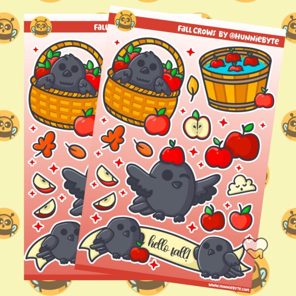 This image shows an adorable hand-drawn sticker sheet, Fall Crows Sticker Sheet, which is available to purchase from HunnieByte.com