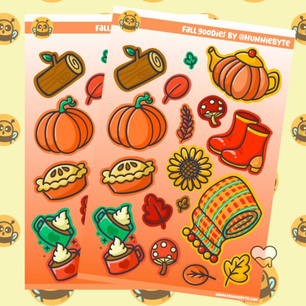 This image shows an adorable hand-drawn sticker sheet, Fall Goodies Sticker Sheet, which is available to purchase from HunnieByte.com