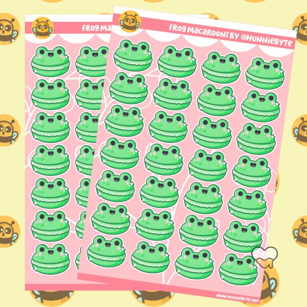 This image shows an adorable hand-drawn sticker sheet, Frog Macaroons Sticker Sheet, which is available to purchase from HunnieByte.com