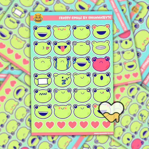 This image shows an adorable hand-drawn sticker sheet, Frog Emojis Sticker Sheet, which is available to purchase from HunnieByte.com