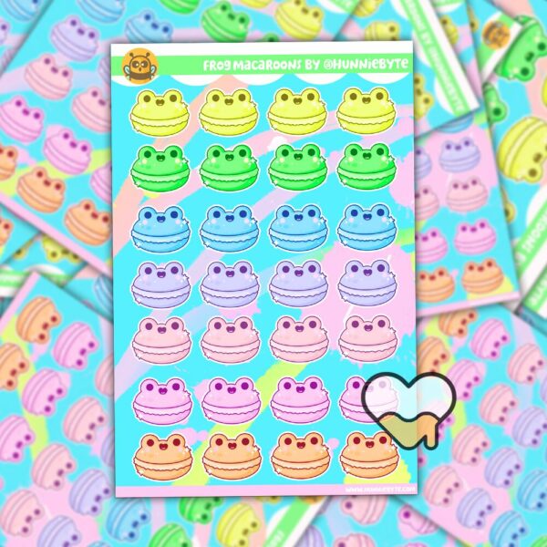 This image shows an adorable hand-drawn sticker sheet, Rainbow Frog Macaroons Sticker Sheet, which is available to purchase from HunnieByte.com