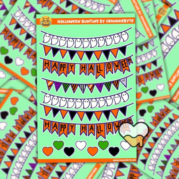 This image shows an adorable hand-drawn sticker sheet, Halloween Bunting Sticker Sheet, which is available to purchase from HunnieByte.com