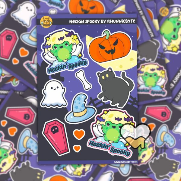 This image shows an adorable hand-drawn sticker sheet, Heckin Spooky Sticker Sheet, which is available to purchase from HunnieByte.com