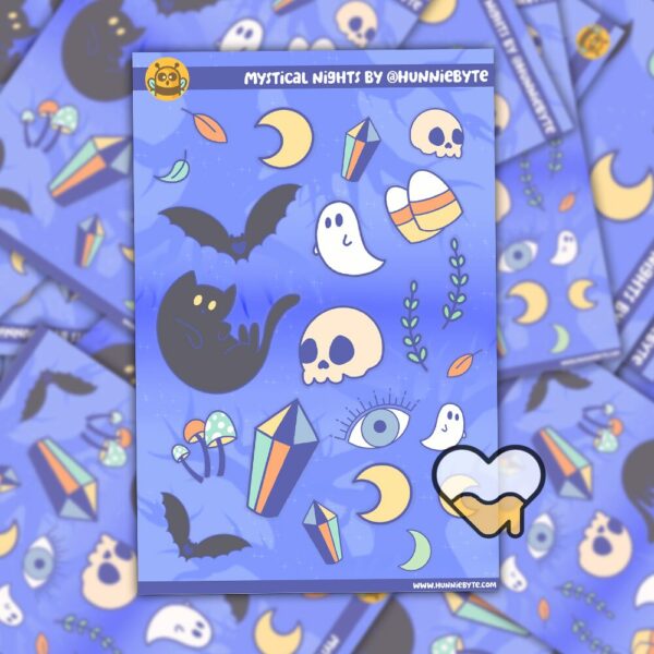 This image shows an adorable hand-drawn sticker sheet, Mystical Nights Sticker Sheets, which is available to purchase from HunnieByte.com