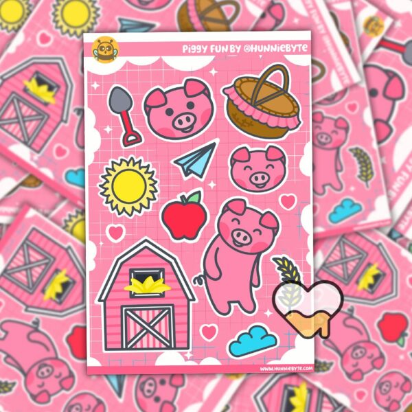 This image shows an adorable hand-drawn sticker sheet, Piggy Fun Sticker Sheets, which is available to purchase from HunnieByte.com