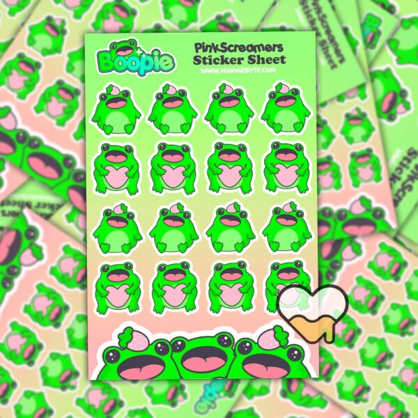 This image shows an adorable hand-drawn sticker sheet, Boopie Pink Screamer Sticker Sheet, which is available to purchase from HunnieByte.com