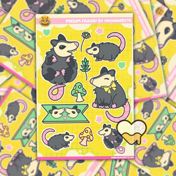 This image shows an adorable hand-drawn sticker sheet, Possum Friends Sticker Sheet, which is available to purchase from HunnieByte.com