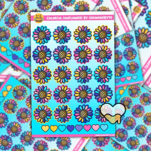 This image shows an adorable hand-drawn sticker sheet, Colorful Sunflowers Sticker Sheet, which is available to purchase from HunnieByte.com