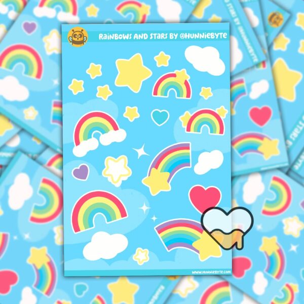 This image shows an adorable hand-drawn sticker sheet, Rainbows and Stars Sticker Sheet, which is available to purchase from HunnieByte.com