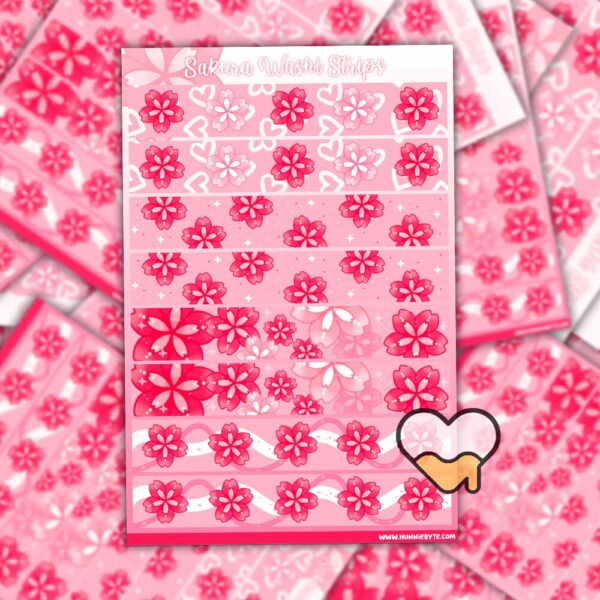 This image shows an adorable hand-drawn sticker sheet, Sakura Washi Strips Sticker Sheet, which is available to purchase from HunnieByte.com