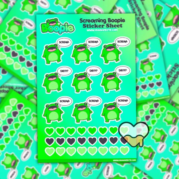 This image shows an adorable hand-drawn sticker sheet, Boopie Screaming Boopie Sticker Sheet, which is available to purchase from HunnieByte.com