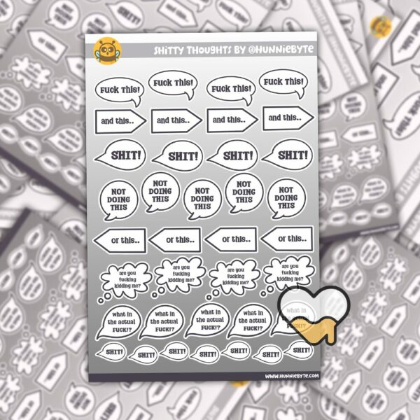 This image shows an adorable hand-drawn sticker sheet, Shitty Thoughts Sticker Sheet, which is available to purchase from HunnieByte.com