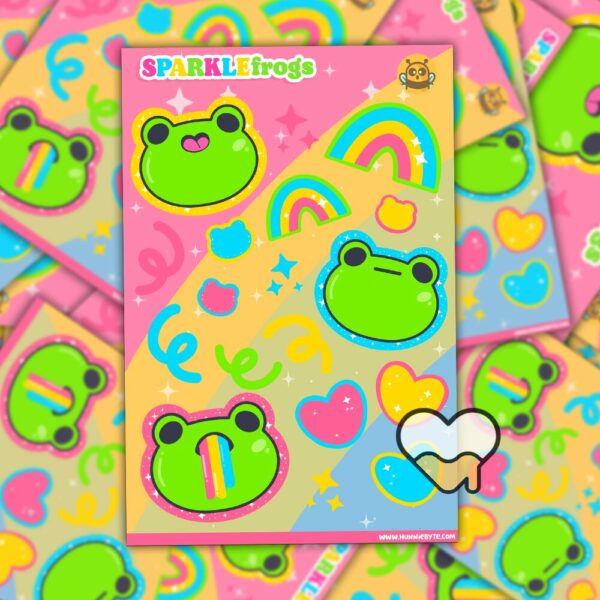 This image shows an adorable hand-drawn sticker sheet, Sparkle Frogs Sticker Sheet, which is available to purchase from HunnieByte.com