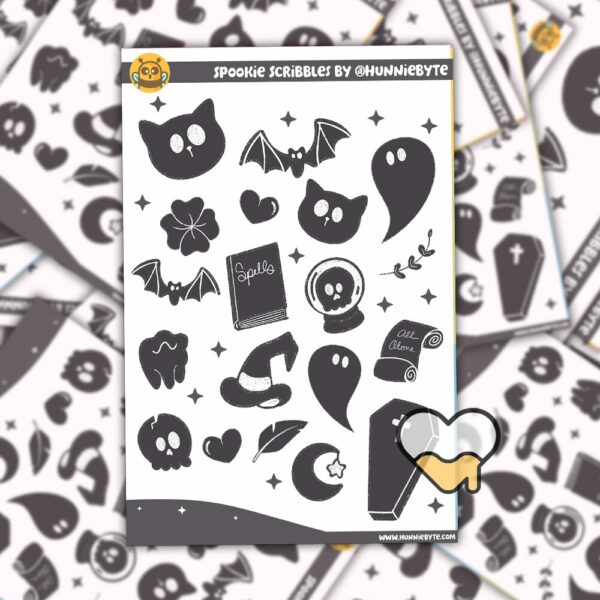 This image shows an adorable hand-drawn sticker sheet, Spookie Scribbles Sticker Sheet, which is available to purchase from HunnieByte.com