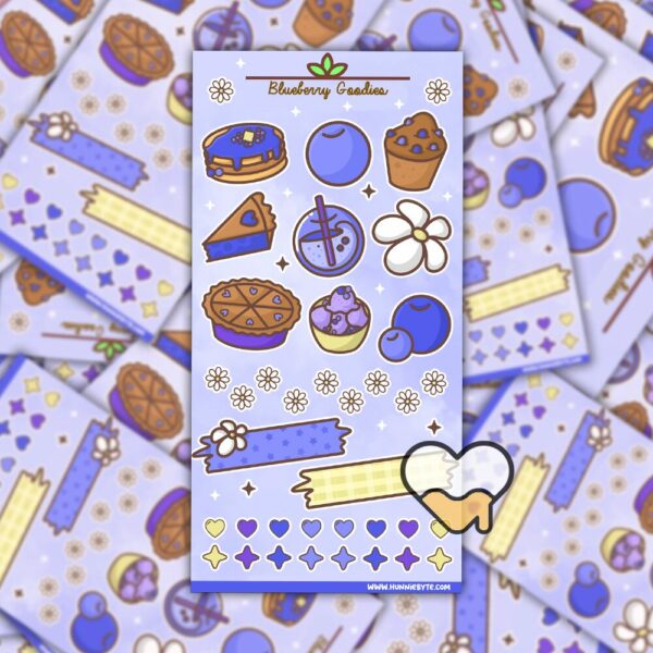 This image shows an adorable hand-drawn sticker sheet, Blueberry Goodies Sticker Sheet, which is available to purchase from HunnieByte.com