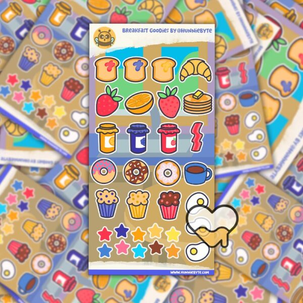 This image shows an adorable hand-drawn sticker sheet, Breakfast Goodies Sticker Sheet, which is available to purchase from HunnieByte.com