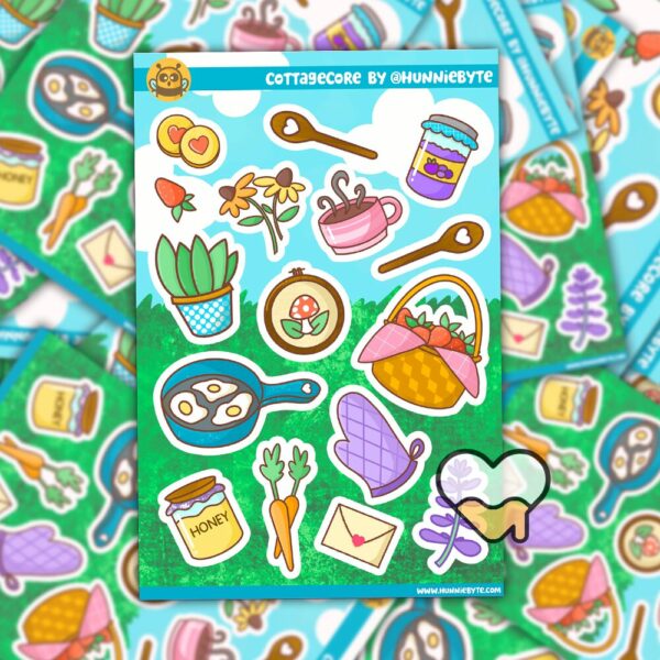 This image shows an adorable hand-drawn sticker sheet, Cottagecore Sticker Sheet, which is available to purchase from HunnieByte.com