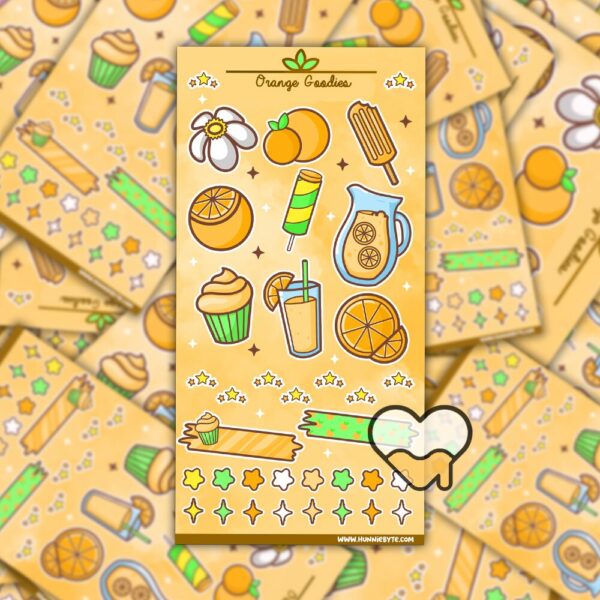 This image shows an adorable hand-drawn sticker sheet, Orange Goodies Sticker Sheet, which is available to purchase from HunnieByte.com