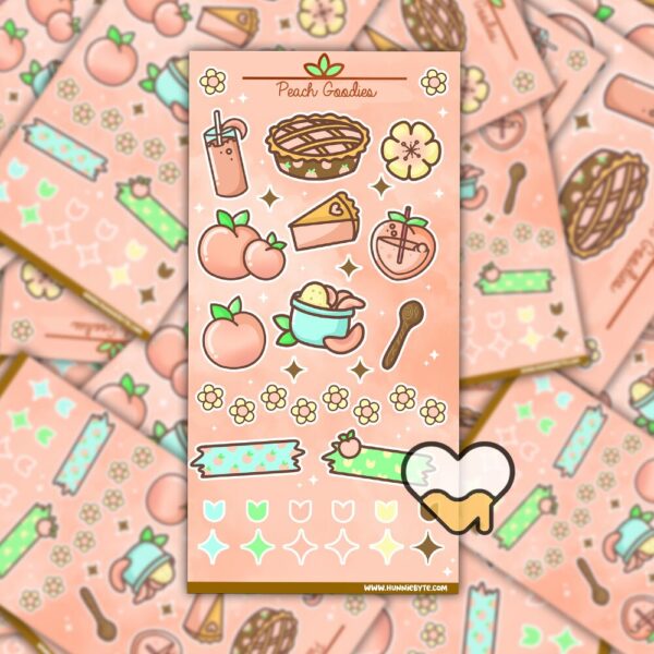 This image shows an adorable hand-drawn sticker sheet, Peach Goodies Sticker Sheet, which is available to purchase from HunnieByte.com