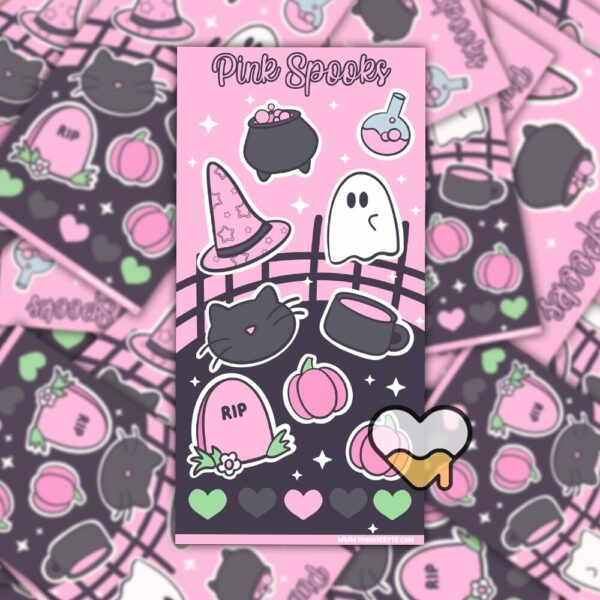 This image shows an adorable hand-drawn sticker sheet, Pink Spooks Sticker Sheet, which is available to purchase from HunnieByte.com