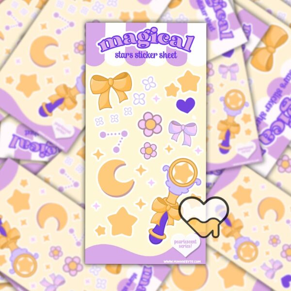 This image shows an adorable hand-drawn sticker sheet, Magical Stars Sticker Sheet, which is available to purchase from HunnieByte.com