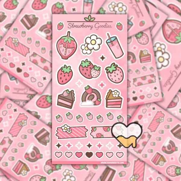 This image shows an adorable hand-drawn sticker sheet, Strawberry Goodies Sticker Sheet, which is available to purchase from HunnieByte.com