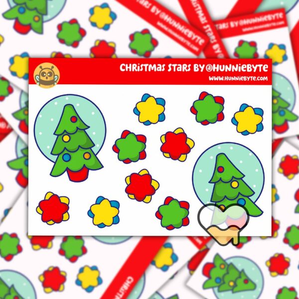 This image shows an adorable hand-drawn mini sticker sheet, Christmas Stars Mini Sticker Sheet, which is available to purchase from HunnieByte.com