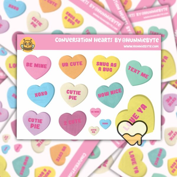 This image shows an adorable hand-drawn mini sticker sheet, Conversation Hearts Mini Sticker Sheet, which is available to purchase from HunnieByte.com