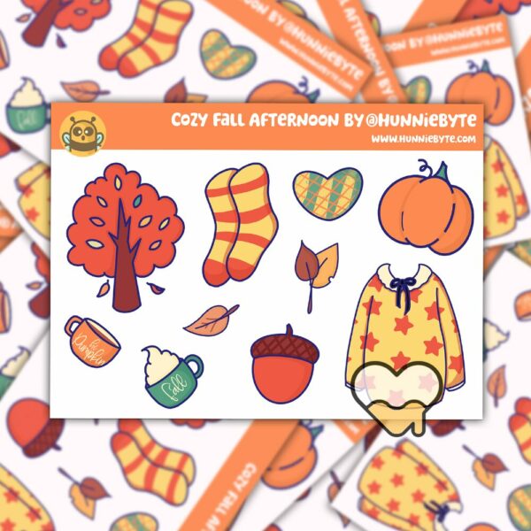 This image shows an adorable hand-drawn mini sticker sheet, Cozy Fall Afternoon Mini Sticker Sheet, which is available to purchase from HunnieByte.com