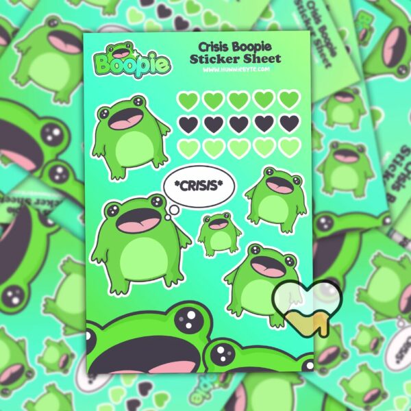 This image shows an adorable hand-drawn sticker sheet, Boopie Crisis Sticker Sheet, which is available to purchase from HunnieByte.com