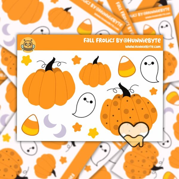 This image shows an adorable hand-drawn mini sticker sheet, Fall Frolics Mini Sticker Sheet, which is available to purchase from HunnieByte.com