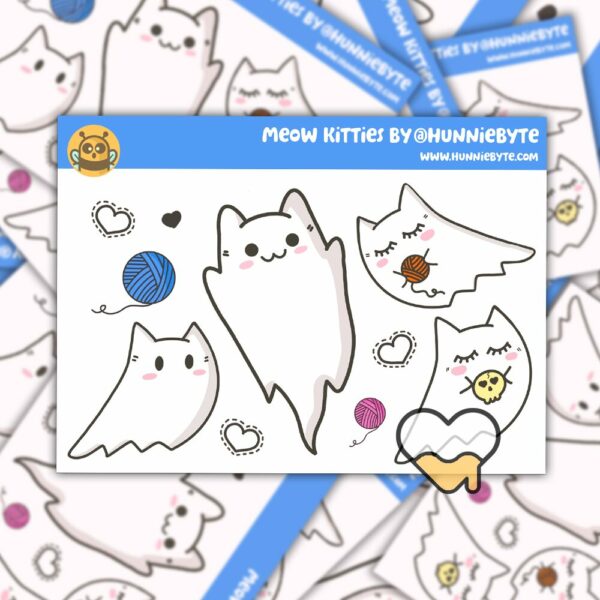 This image shows an adorable hand-drawn mini sticker sheet, Meow Kitties Mini Sticker Sheet, which is available to purchase from HunnieByte.com