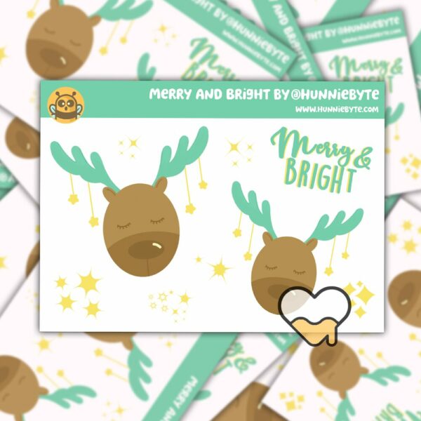 This image shows an adorable hand-drawn mini sticker sheet, Merry and Bright Mini Sticker Sheet, which is available to purchase from HunnieByte.com